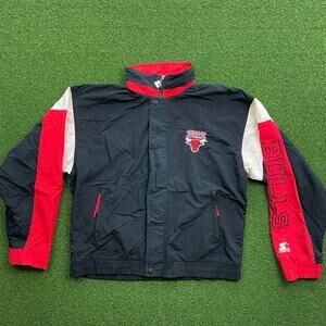 Vintage 90s Chicago Bulls Starter Jacket NBA Windbreaker Black Red Full Zip Sz M